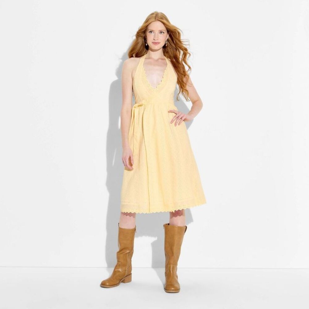 Women's Eyelet Midi Wrap Dress - Wild Fable Light Yellow L